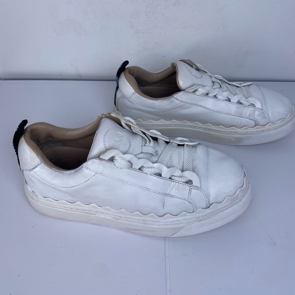 CHLOE Lauren Low Top Scalloped White Leather Sneakers w Black Label